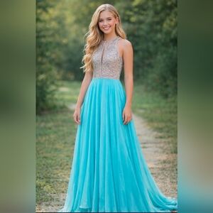 Rachel Allan Prom & Pageant Aqua and Silver Designer Gown